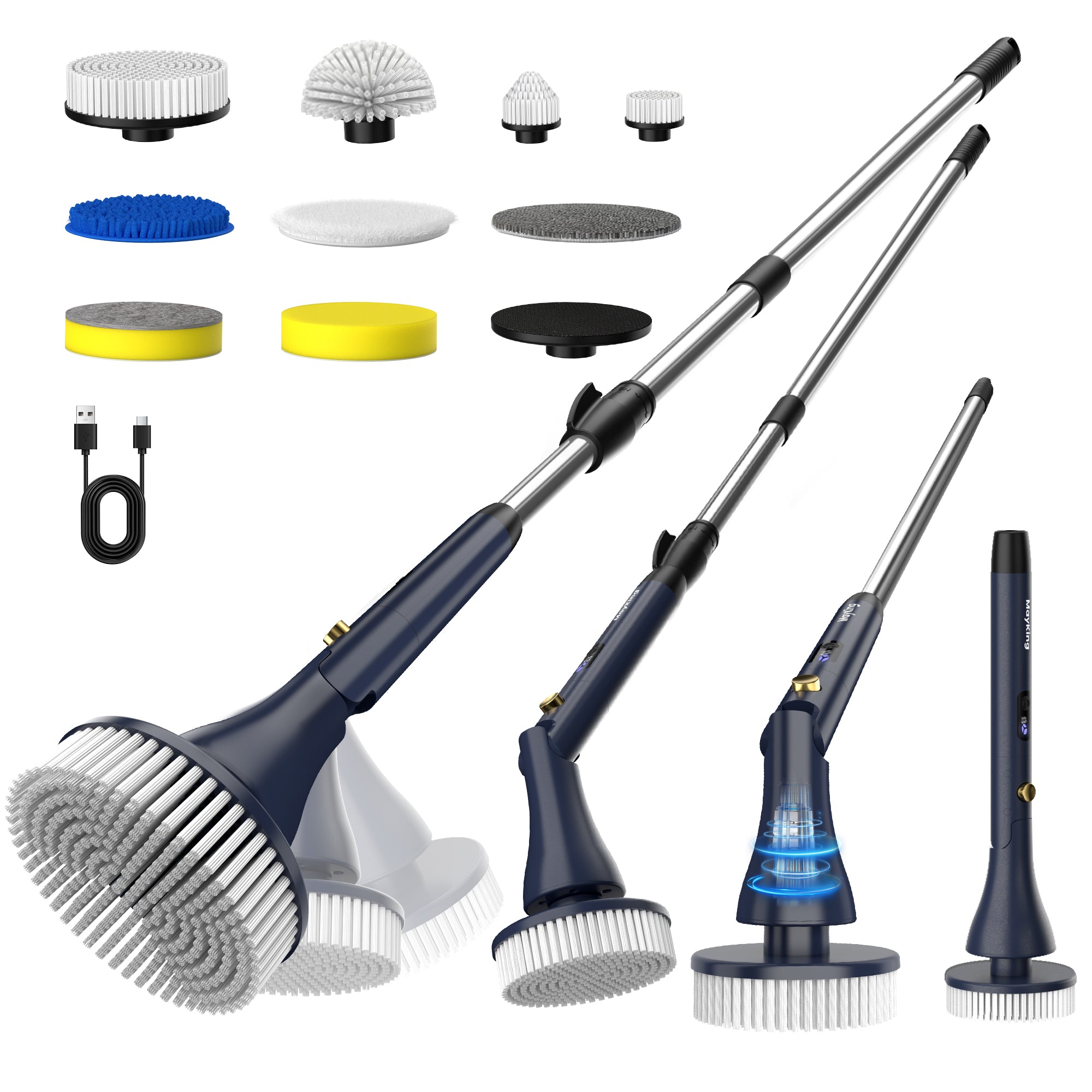 MayKing Electric Spin Scrubber with 9 Brush Heads, 3-Angle & 4-Length Adjustable Cordless Power Scrubber, 3-Speed & Battery LED Display, Electric Scrubber for Cleaning Bathroom Bathtub Floor Tiles