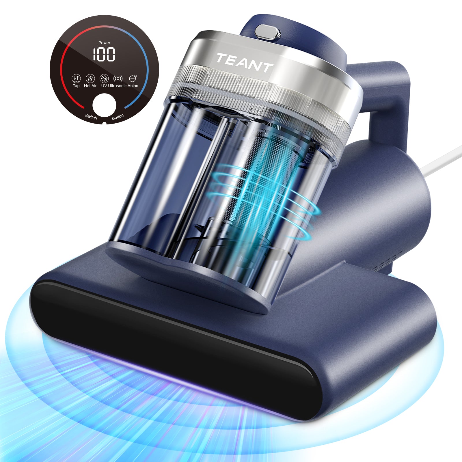 Teant Mattress Vacuum Cleaner for Dust Mites Removal, Bed Vacuum with UV-C Light & 149℉ Hot Air & Aroma Tablet & LED Display, 16Kpa Powerful Suction Double-Cup Handheld Vacuum Cleaner With HEPA Filter for Bed Couch Sofa Carpet
