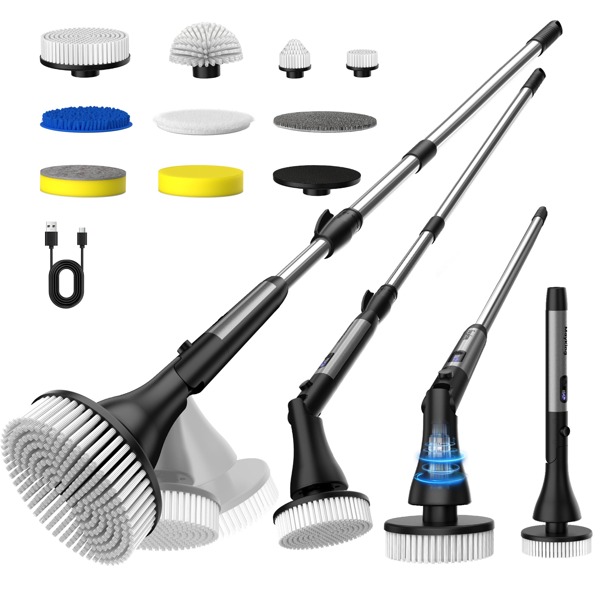 MayKing Electric Spin Scrubber with 9 Brush Heads, 3-Angle & 4-Length Adjustable Cordless Power Scrubber, 3-Speed & Battery LED Display, Electric Scrubber for Cleaning Bathroom Bathtub Floor Tiles