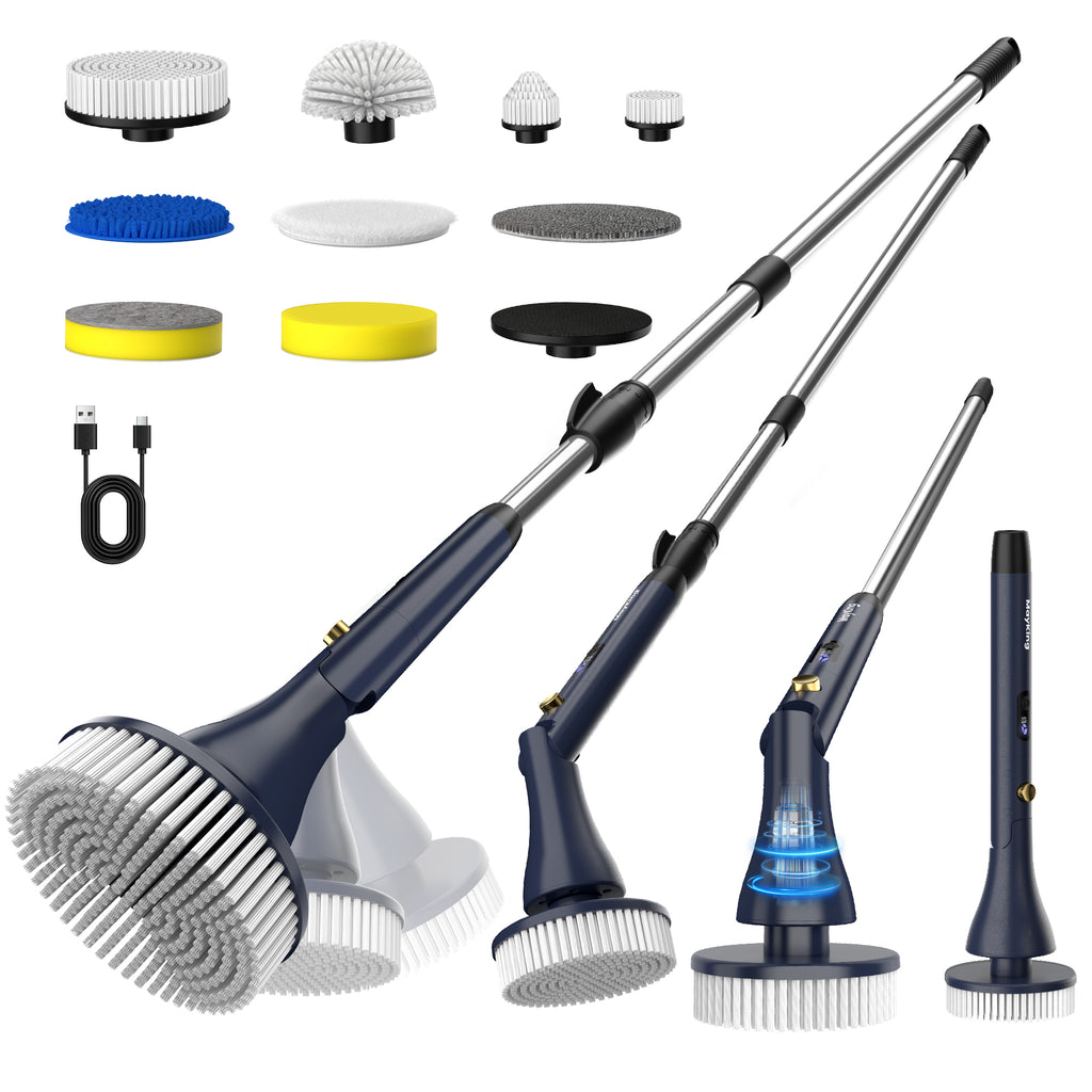 MayKing Electric Spin Scrubber with 9 Brush Heads, 3-Angle & 4-Length Adjustable Cordless Power Scrubber, 3-Speed & Battery LED Display, Electric Scrubber for Cleaning Bathroom Bathtub Floor Tiles