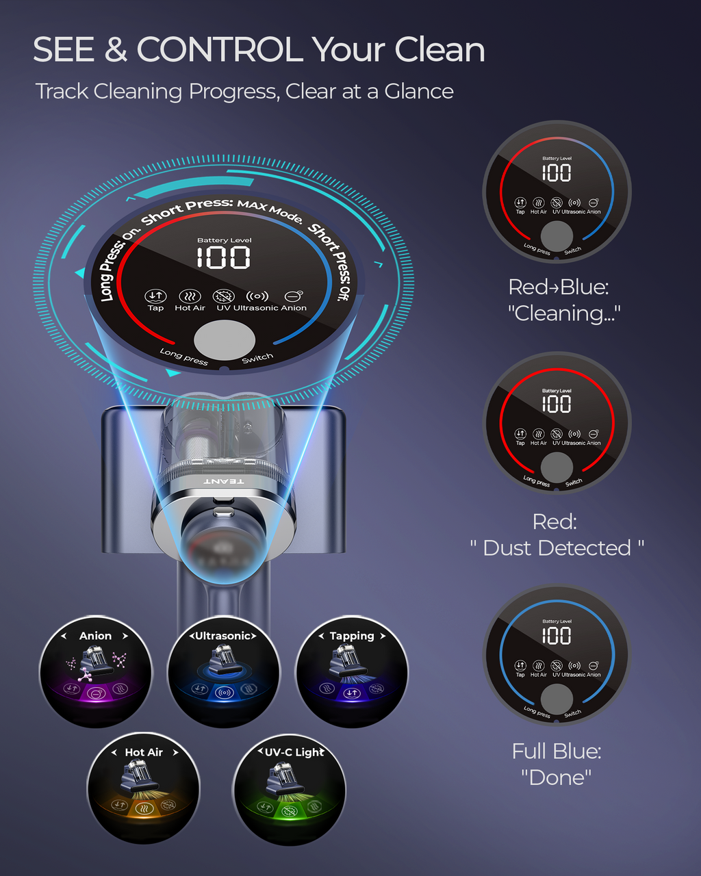 Teant Upgrade Cordless Mattress Vacuum with 18kPa Ultra-Deep Suction, 2-Speed Bed Vacuum with 33000 RPM/Min Roller Brush, 253.7nm UV-C Light & LED Display, HEPA, 149℉ Heat, Aroma & Anion for Bed Sofa