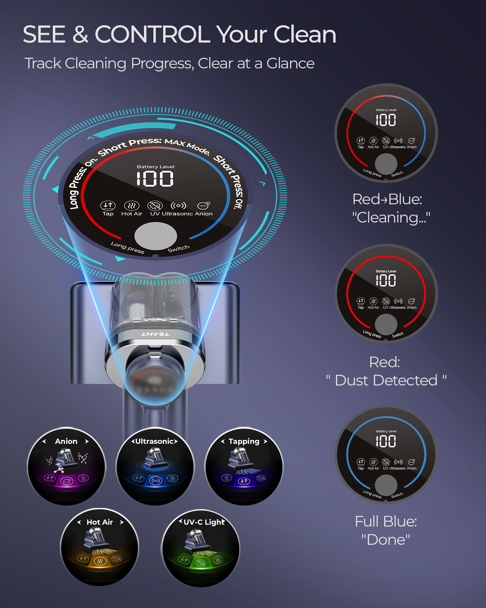 Teant Upgrade Cordless Mattress Vacuum with 18kPa Ultra-Deep Suction, 2-Speed Bed Vacuum with 33000 RPM/Min Roller Brush, 253.7nm UV-C Light & LED Display, HEPA, 149℉ Heat, Aroma & Anion for Bed Sofa