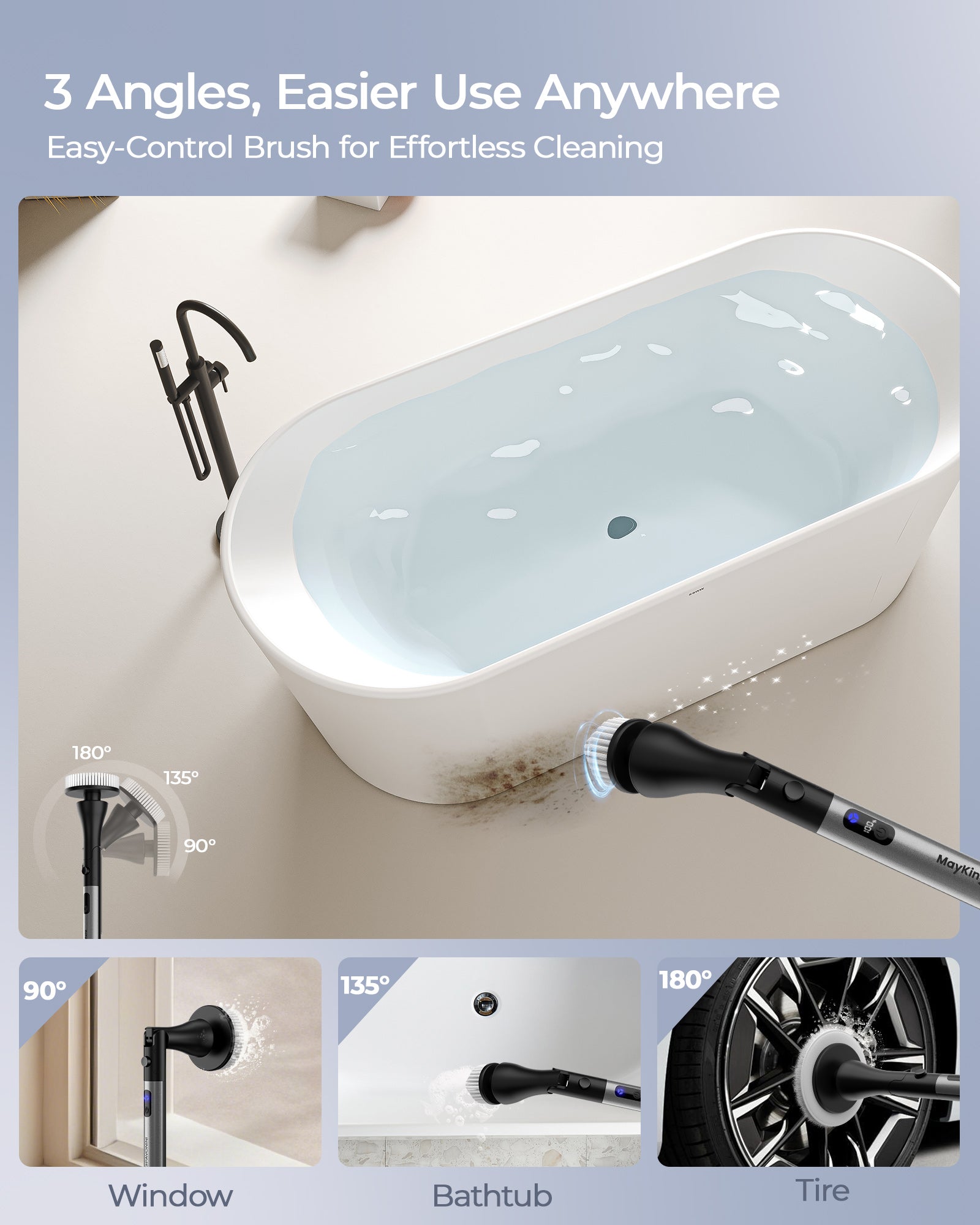 MayKing Electric Spin Scrubber with 9 Brush Heads, 3-Angle & 4-Length Adjustable Cordless Power Scrubber, 3-Speed & Battery LED Display, Electric Scrubber for Cleaning Bathroom Bathtub Floor Tiles