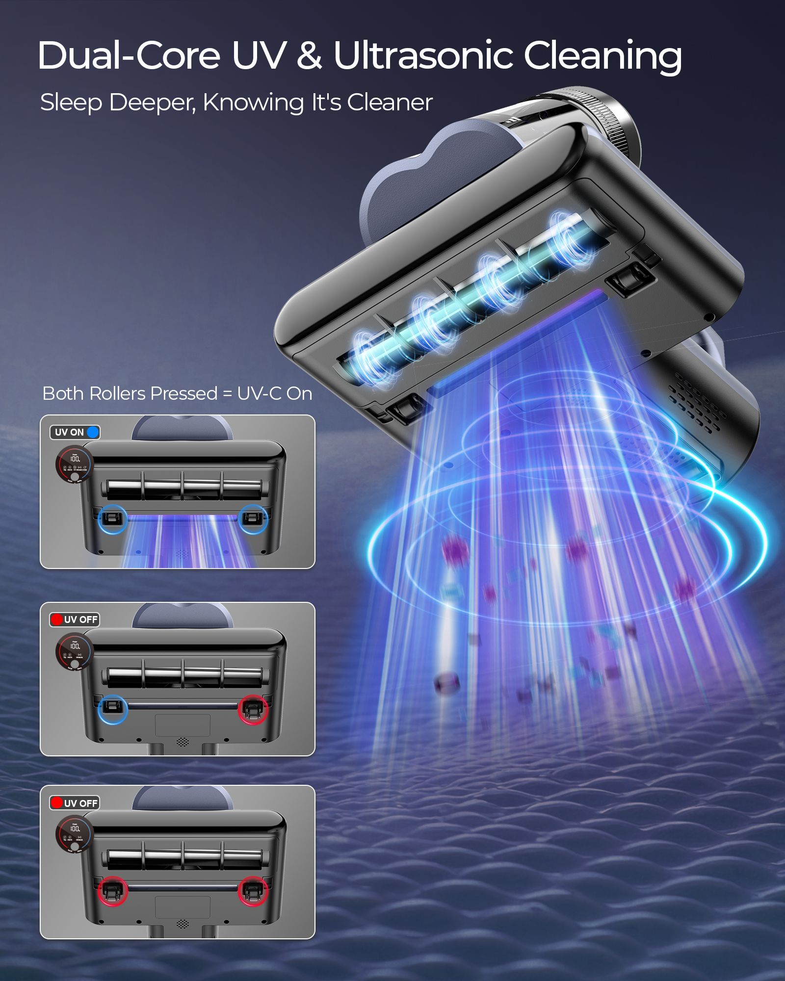 Teant Upgrade Cordless Mattress Vacuum with 18kPa Ultra-Deep Suction, 2-Speed Bed Vacuum with 33000 RPM/Min Roller Brush, 253.7nm UV-C Light & LED Display, HEPA, 149℉ Heat, Aroma & Anion for Bed Sofa