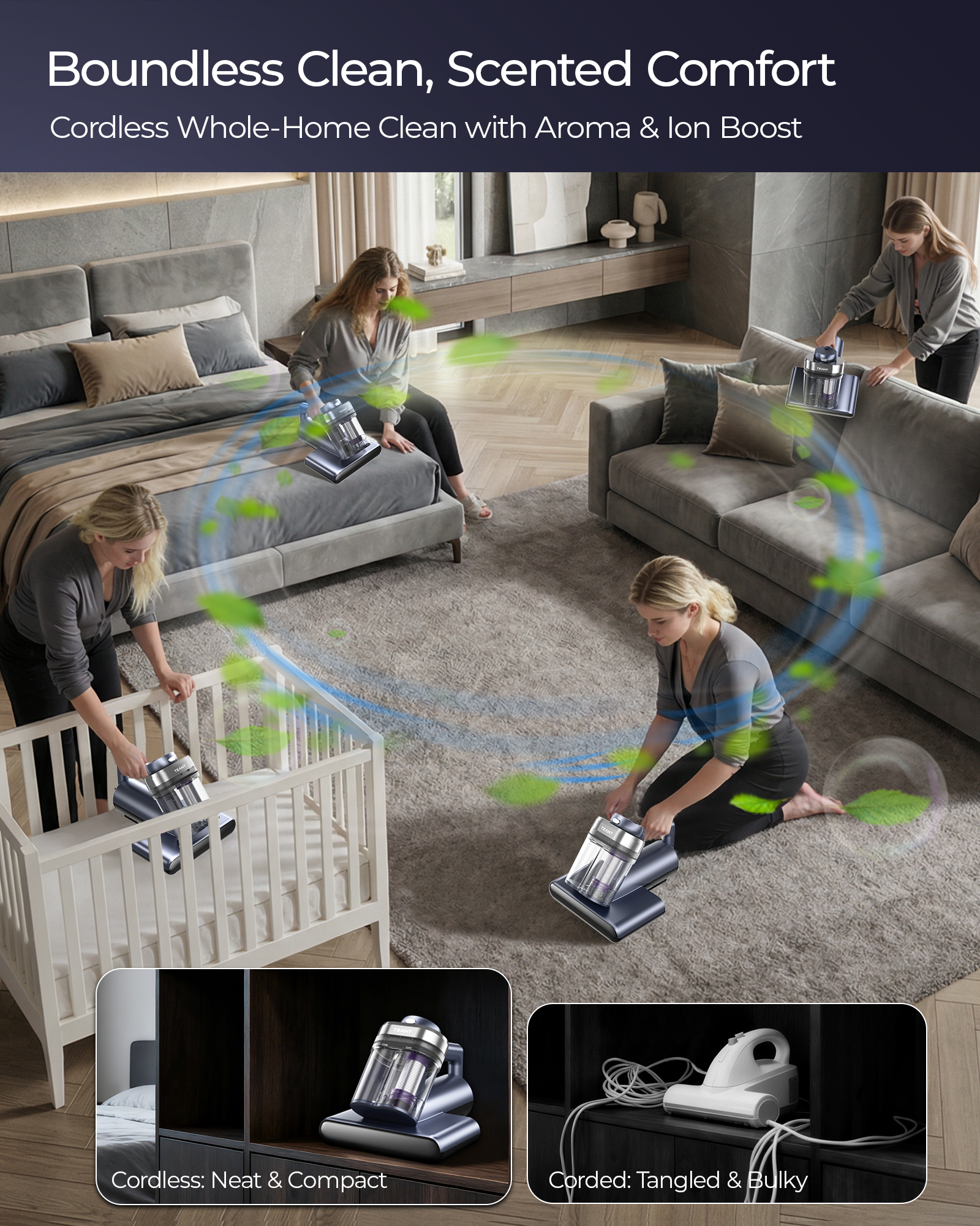 Teant Upgrade Cordless Mattress Vacuum with 18kPa Ultra-Deep Suction, 2-Speed Bed Vacuum with 33000 RPM/Min Roller Brush, 253.7nm UV-C Light & LED Display, HEPA, 149℉ Heat, Aroma & Anion for Bed Sofa