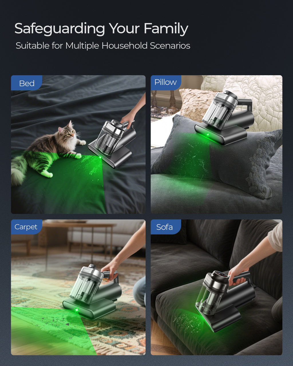 Teant Powerful Mattress Bed Vacuum Cleaner, 2-Speed (14kPa/18kPa) Mattress Vacuum with Green Light Dust Detection, 253.7nm UV-C Light, LED Display, HEPA Filter, 149℉ Heat, Aroma for Bed Couch Carpet