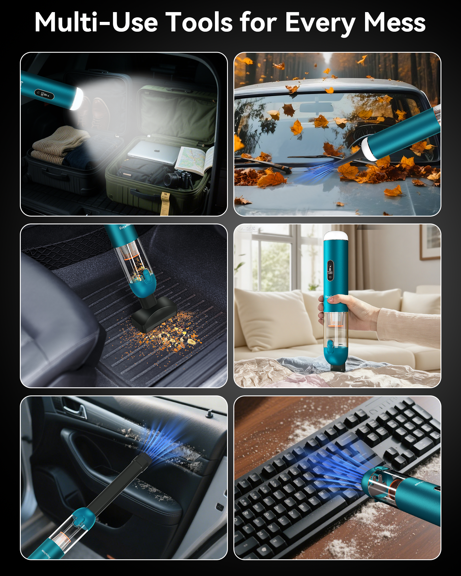 Mayking 5-in-1 Car Vacuum Portable Cordless, Handheld Vacuum with White LED & Red LED Flash, 115W 18000Pa High Power, 3 Suction Modes, Mini Vacuum Cleaner with LED Display for Car Home Keyboards