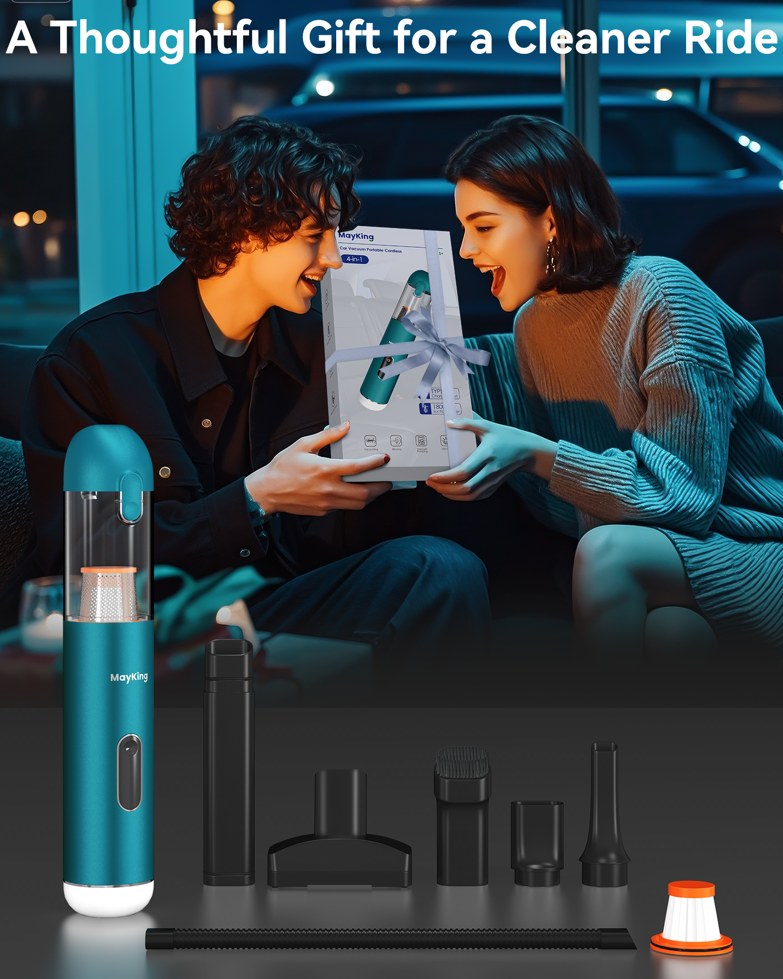 Mayking 5-in-1 Car Vacuum Portable Cordless, Handheld Vacuum with White LED & Red LED Flash, 115W 18000Pa High Power, 3 Suction Modes, Mini Vacuum Cleaner with LED Display for Car Home Keyboards