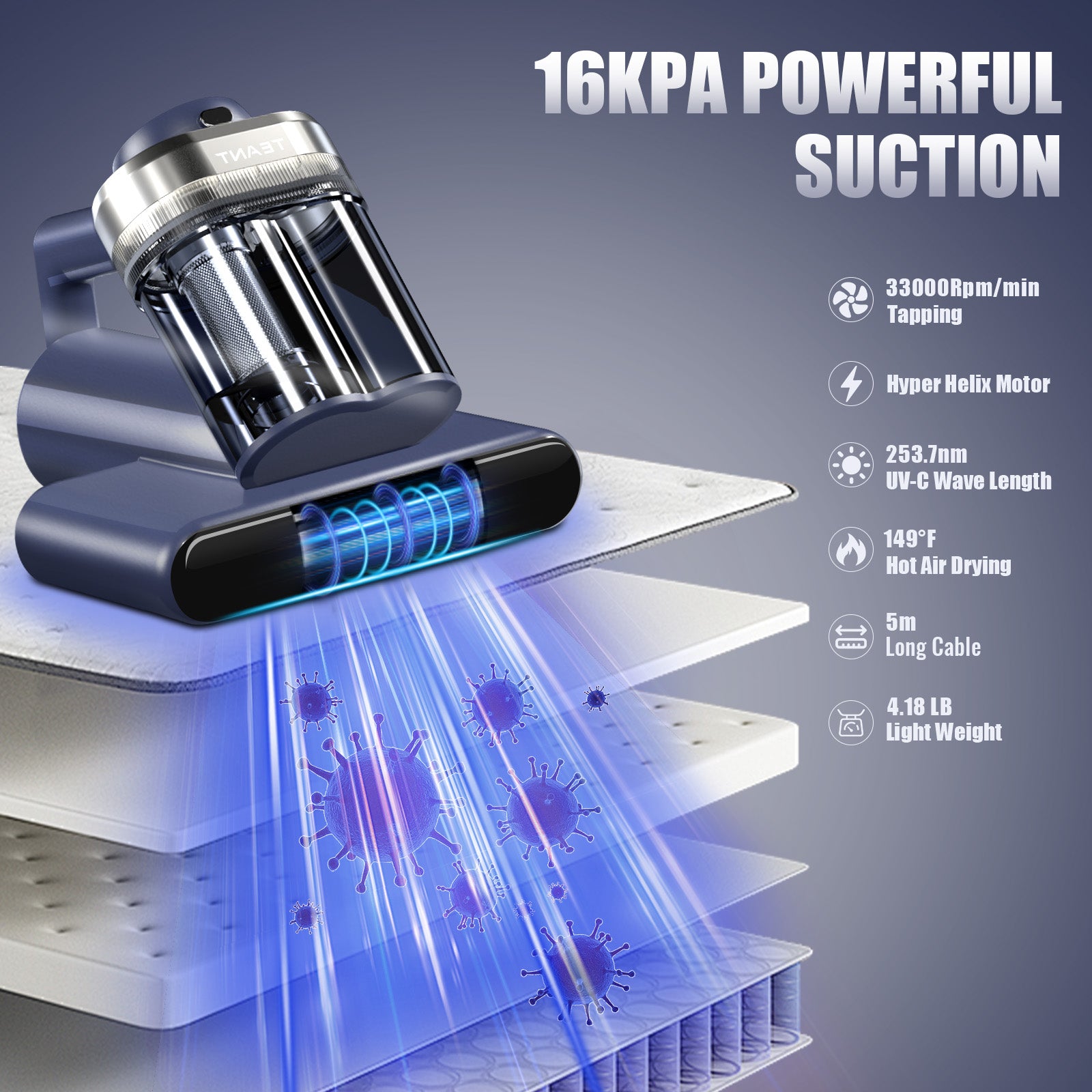 Teant Mattress Vacuum Cleaner for Dust Mites Removal, Bed Vacuum with UV-C Light & 149℉ Hot Air & Aroma Tablet & LED Display, 16Kpa Powerful Suction Double-Cup Handheld Vacuum Cleaner With HEPA Filter for Bed Couch Sofa Carpet