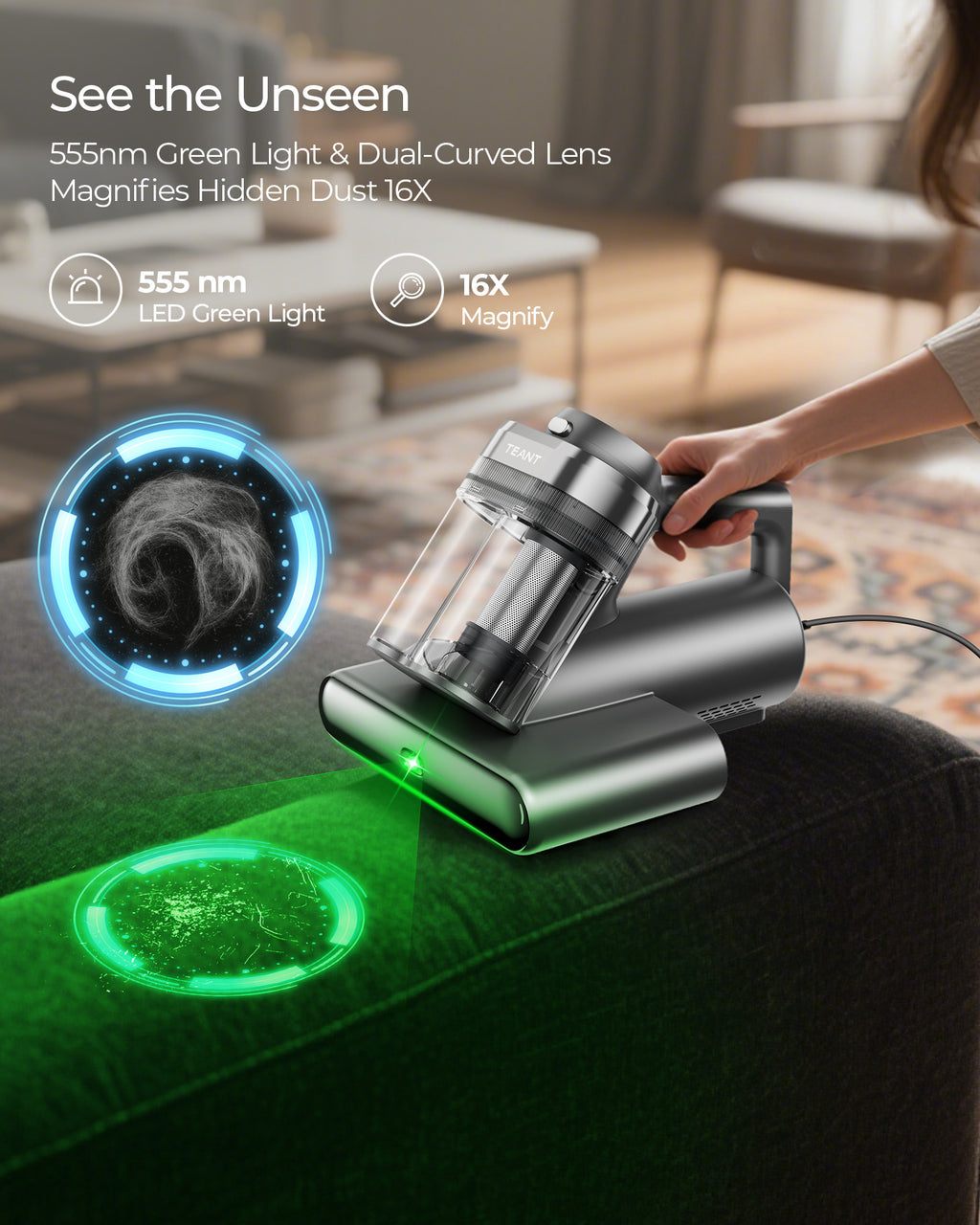 Teant Powerful Mattress Bed Vacuum Cleaner, 2-Speed (14kPa/18kPa) Mattress Vacuum with Green Light Dust Detection, 253.7nm UV-C Light, LED Display, HEPA Filter, 149℉ Heat, Aroma for Bed Couch Carpet