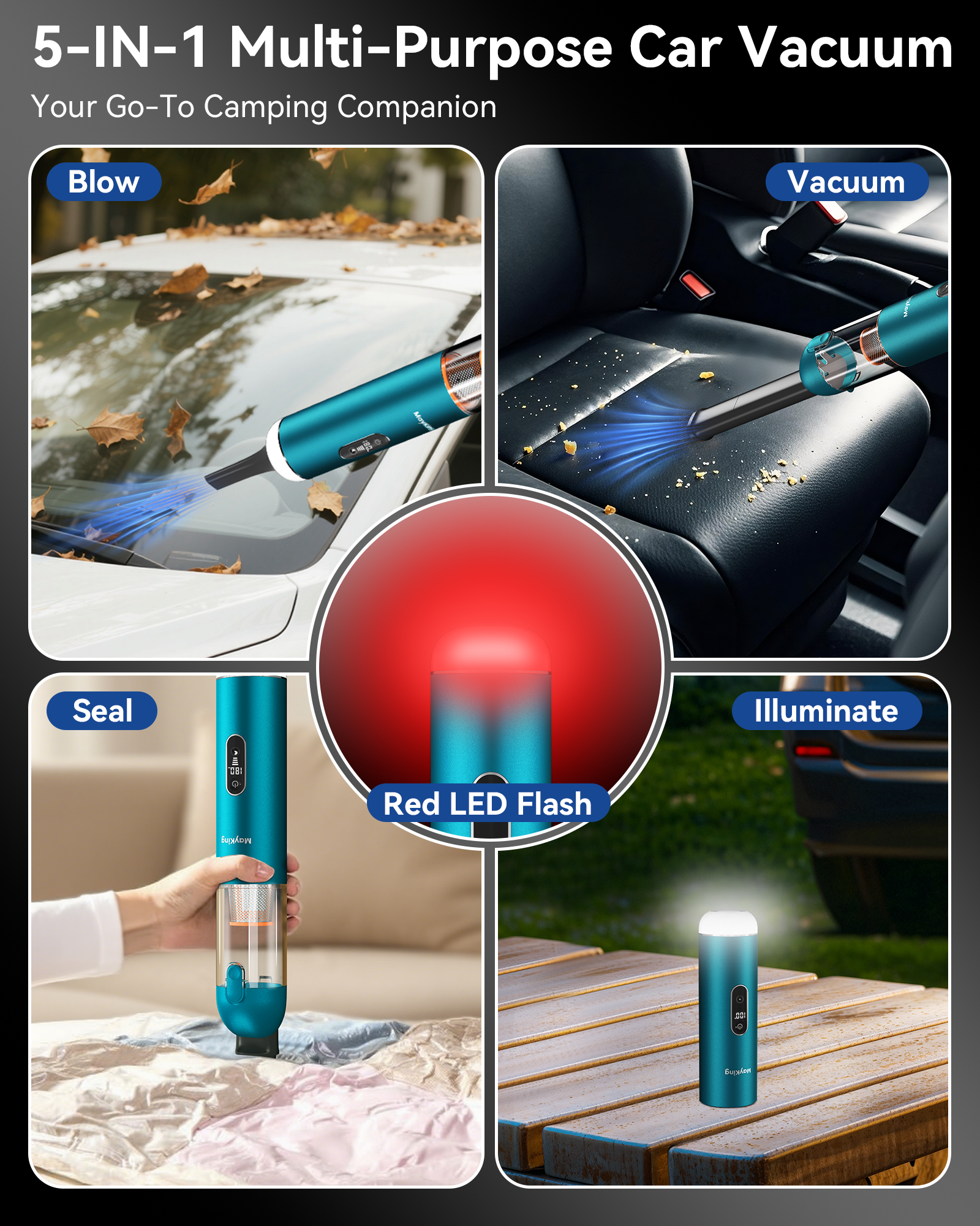 Mayking 5-in-1 Car Vacuum Portable Cordless, Handheld Vacuum with White LED & Red LED Flash, 115W 18000Pa High Power, 3 Suction Modes, Mini Vacuum Cleaner with LED Display for Car Home Keyboards
