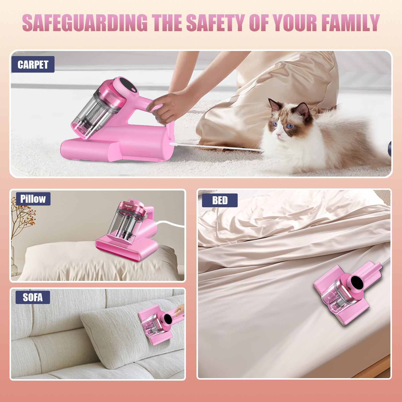 Teant Mattress Vacuum Bed Vacuum Cleaner with 253.7nm UV-C Light, Hyper Helix Motor with 16kPa Strong Suction & 33000 RPM/Min Tapping, HEPA Filter, 149℉ Heat & Ultrasonic & Anion for Bed and Pet